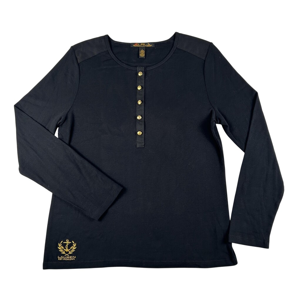 Lauren Ralph Lauren Shirt Womens Large Black Henley Long Sleeve Nautical Tee